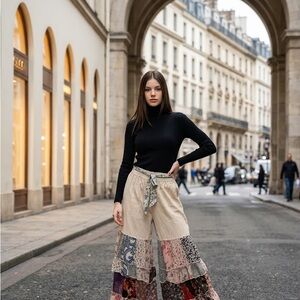 Young Threads Patchwork Tiered Wide-Leg Pants - Beige